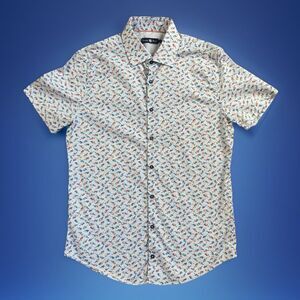 Stone Rose Men Size Small Blue Parrot Print Cotton Short Sleeve Casual Shirt